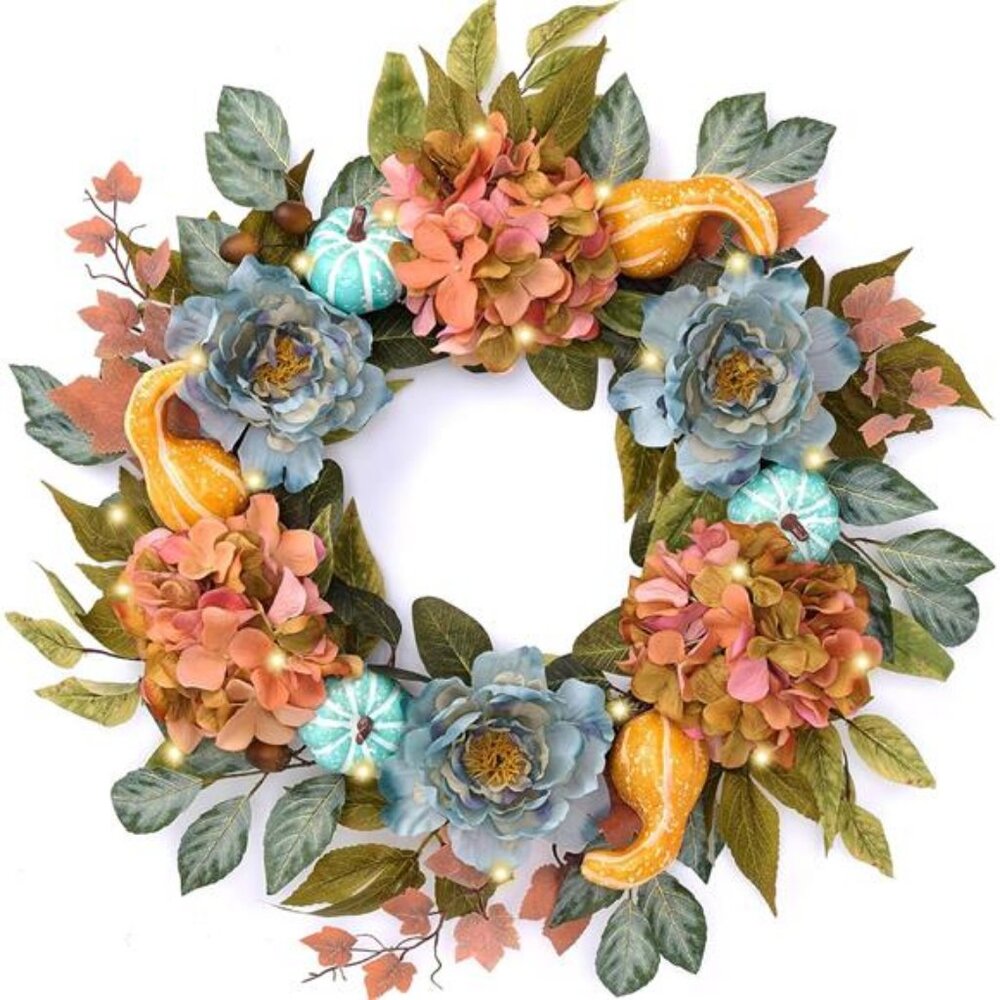 24" Pre-Lit Autumn Wreaths with Peony Hydrangea and Pumpkin for Front Door